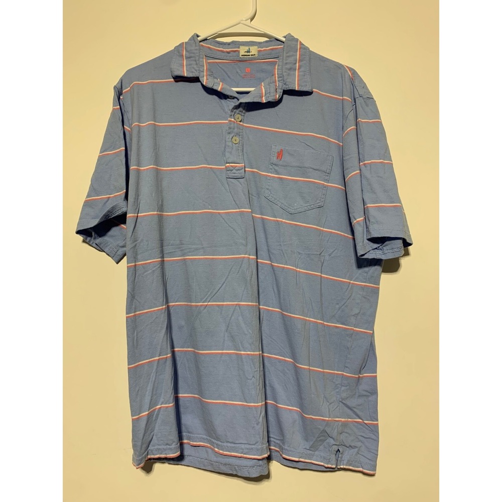 Johnnie-O Hangin' Out Size L Blue Striped Short Sleeve Polo Shirt Stain
